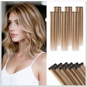 Hair Extensions Clip ins,S-noilite,Real Human Hair,6 Pc 10”Med Browne/Dark Blond